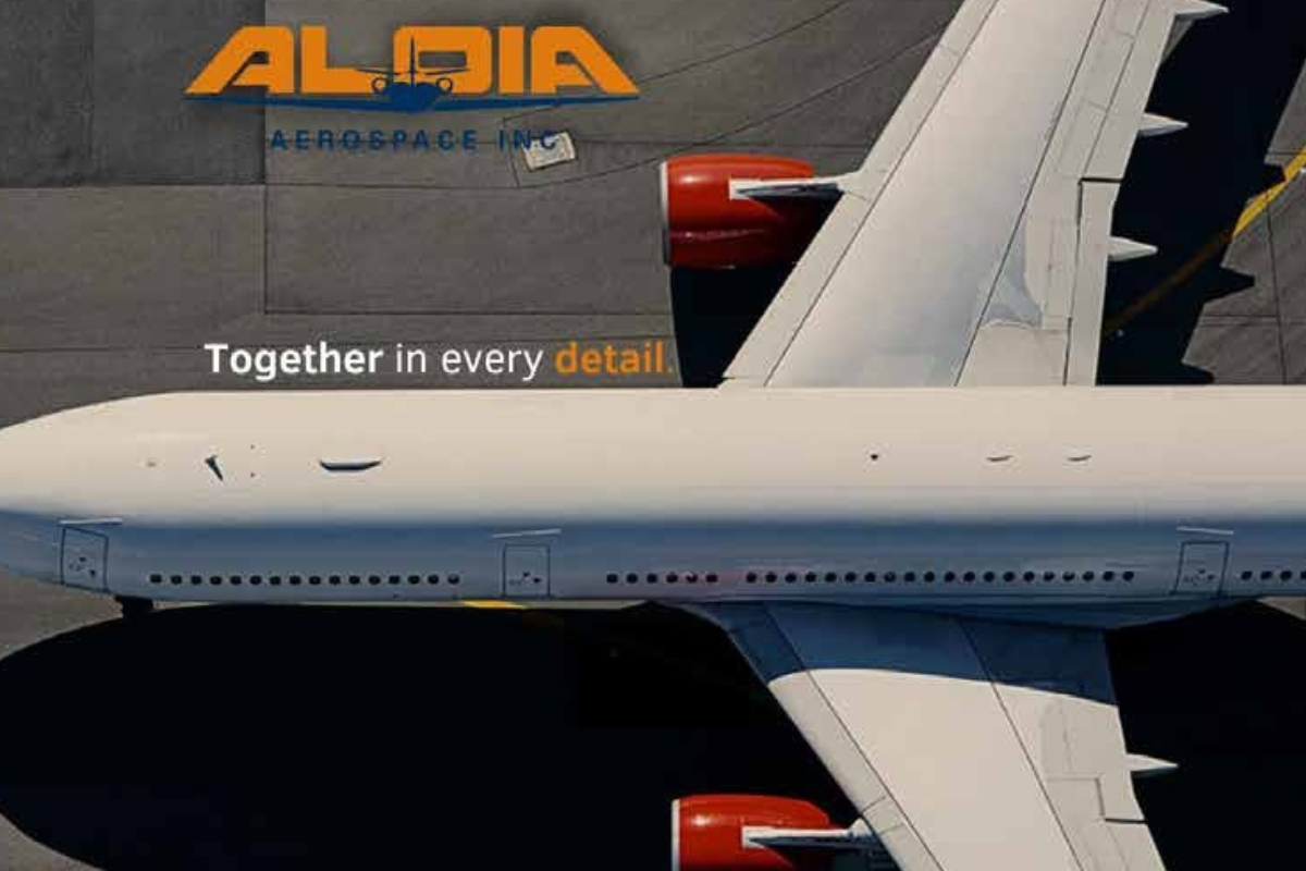 Aircraft wing with cargo door and logo.