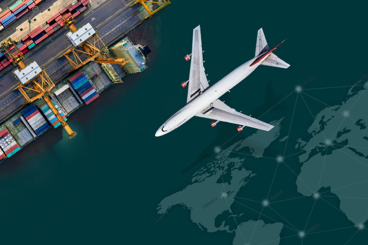 Modern cargo plane flying over port with containers, supporting aerospace logistics.